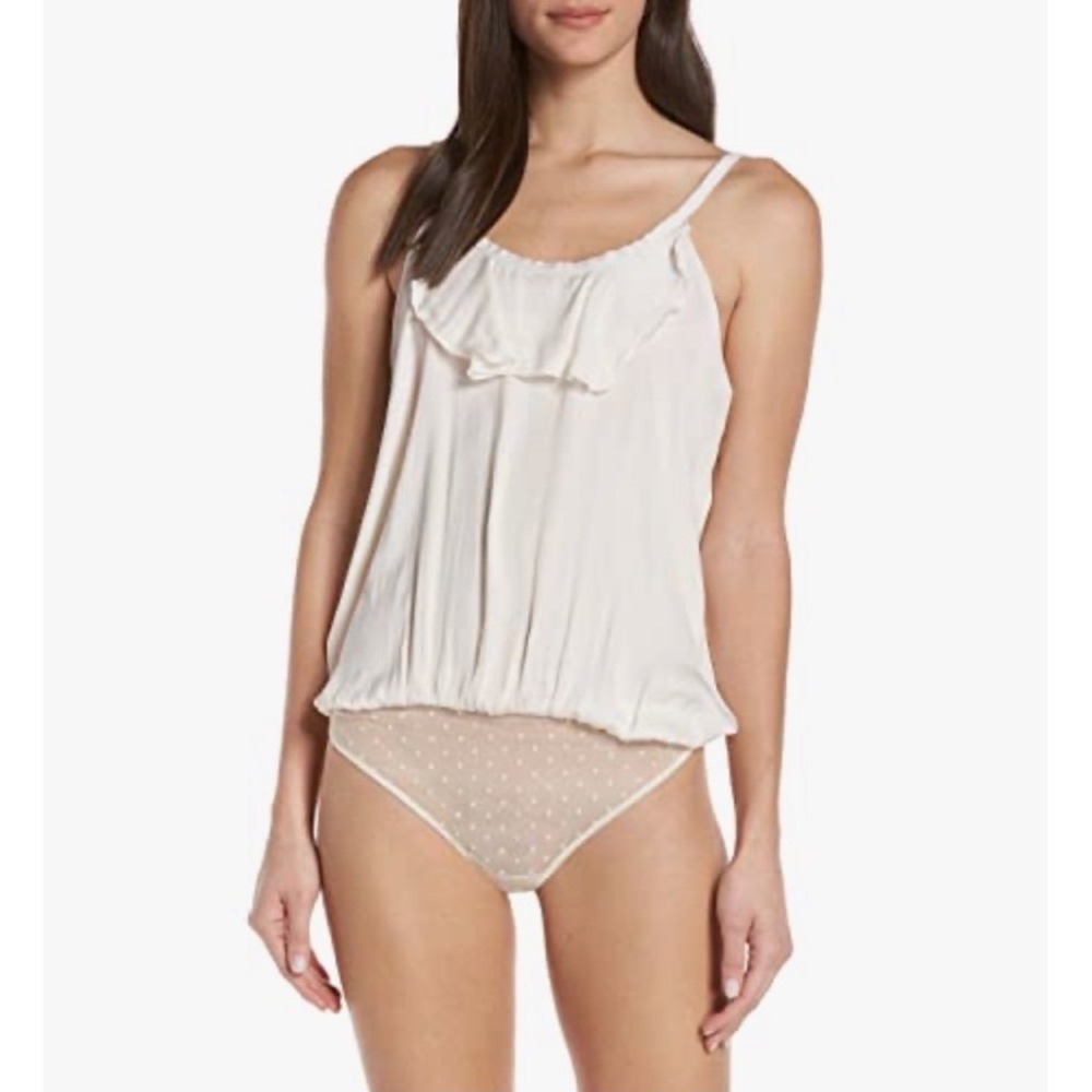 Intimately Free‎ People Silk Ruffle Blouson Bodysuit Ivory Polka Dot Mesh Small